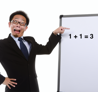 Clueless person pointing to a whiteboard saying 1 + 1 = 3